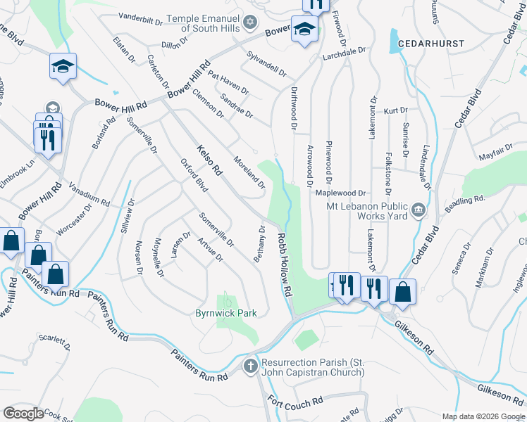 map of restaurants, bars, coffee shops, grocery stores, and more near 691 Kelso Road in Pittsburgh