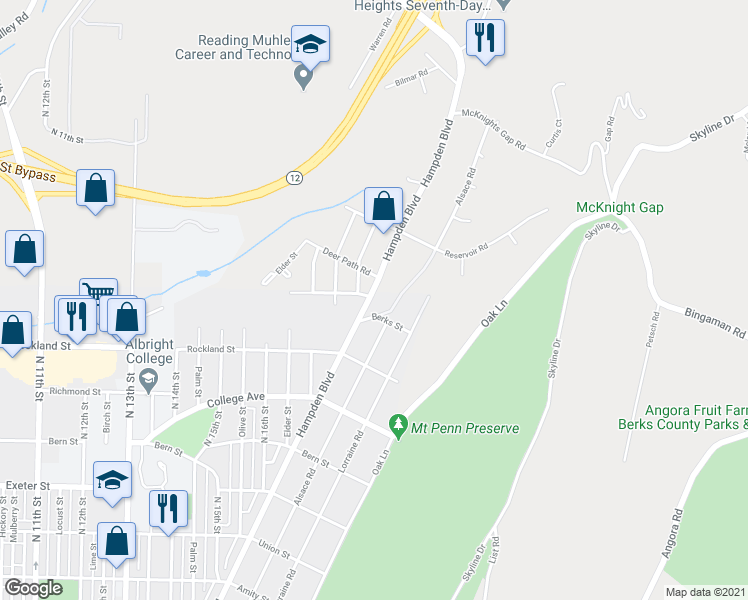 map of restaurants, bars, coffee shops, grocery stores, and more near 2131 Hampden Boulevard in Reading