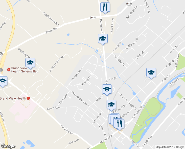 map of restaurants, bars, coffee shops, grocery stores, and more near 518 Barrington Court in Sellersville