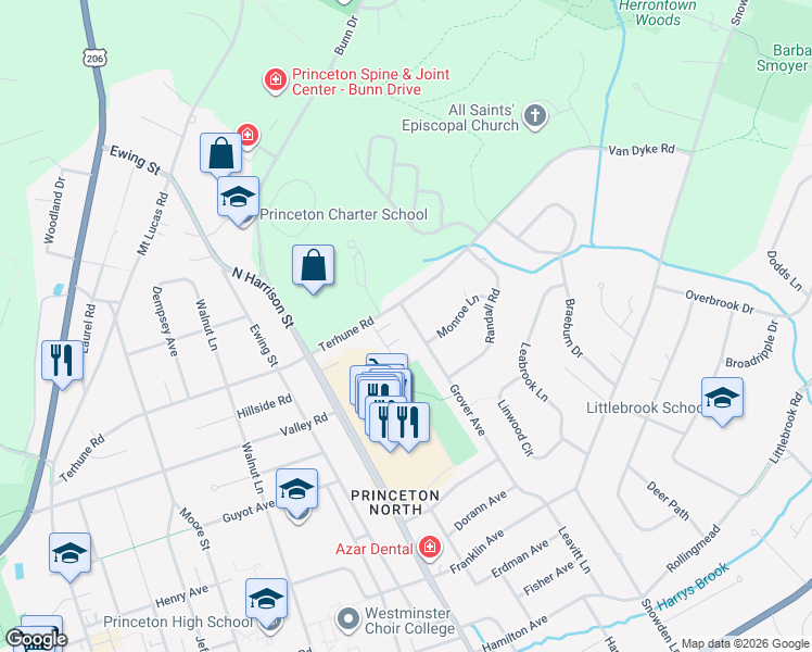 map of restaurants, bars, coffee shops, grocery stores, and more near 200 Grover Avenue in Princeton
