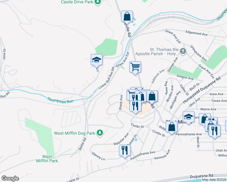 map of restaurants, bars, coffee shops, grocery stores, and more near 2508 Jefferson Avenue in West Mifflin