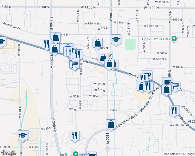 map of restaurants, bars, coffee shops, grocery stores, and more near 1441 West 250 North in Pleasant Grove