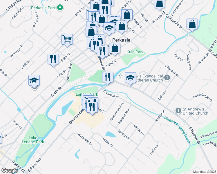 map of restaurants, bars, coffee shops, grocery stores, and more near 485 West Park Avenue in Perkasie