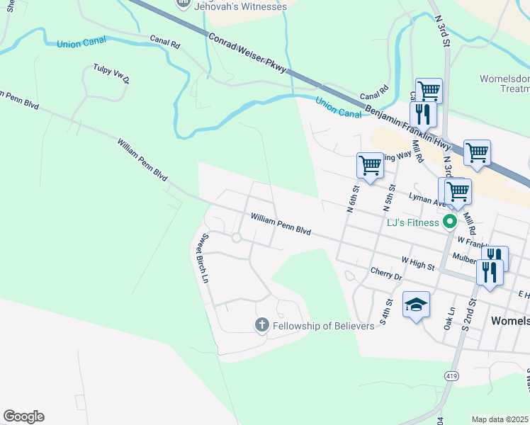 map of restaurants, bars, coffee shops, grocery stores, and more near 805 William Penn Boulevard in Womelsdorf