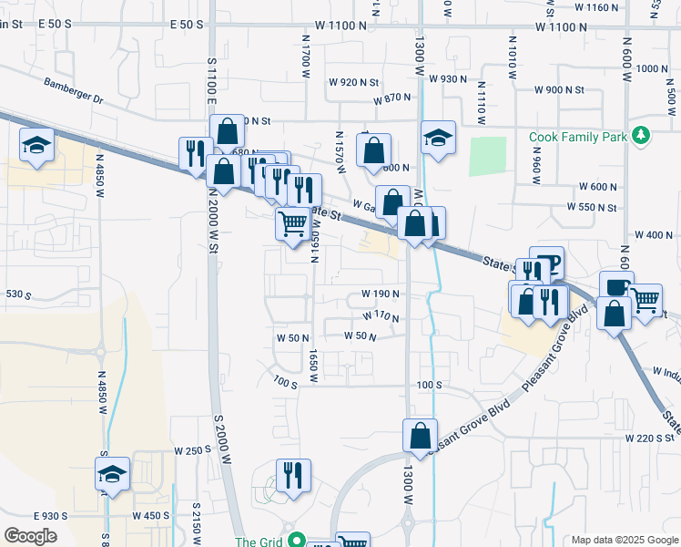 map of restaurants, bars, coffee shops, grocery stores, and more near 1577 West 250 North in Pleasant Grove
