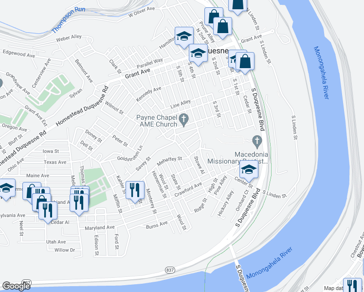 map of restaurants, bars, coffee shops, grocery stores, and more near 703 Catherine Street in Duquesne
