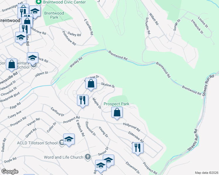 map of restaurants, bars, coffee shops, grocery stores, and more near 1742 Skyline Drive in Pittsburgh