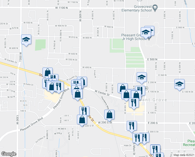 map of restaurants, bars, coffee shops, grocery stores, and more near 410 280 North Street in Pleasant Grove