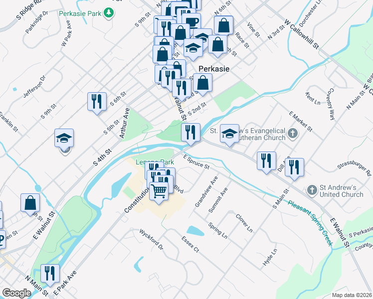 map of restaurants, bars, coffee shops, grocery stores, and more near 501 Constitution Avenue in Perkasie