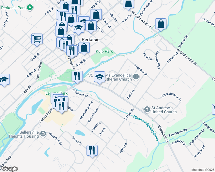 map of restaurants, bars, coffee shops, grocery stores, and more near 219 East Walnut Street in Perkasie