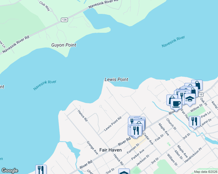 map of restaurants, bars, coffee shops, grocery stores, and more near 181 Lewis Lane in Fair Haven