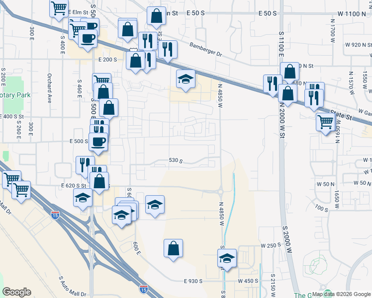 map of restaurants, bars, coffee shops, grocery stores, and more near 734 East 500 South in American Fork