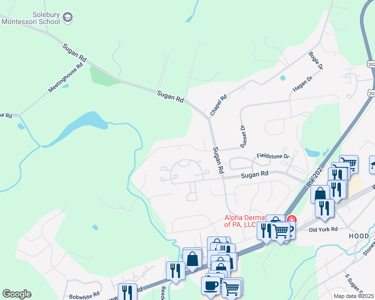map of restaurants, bars, coffee shops, grocery stores, and more near 201 Creekside Drive in New Hope