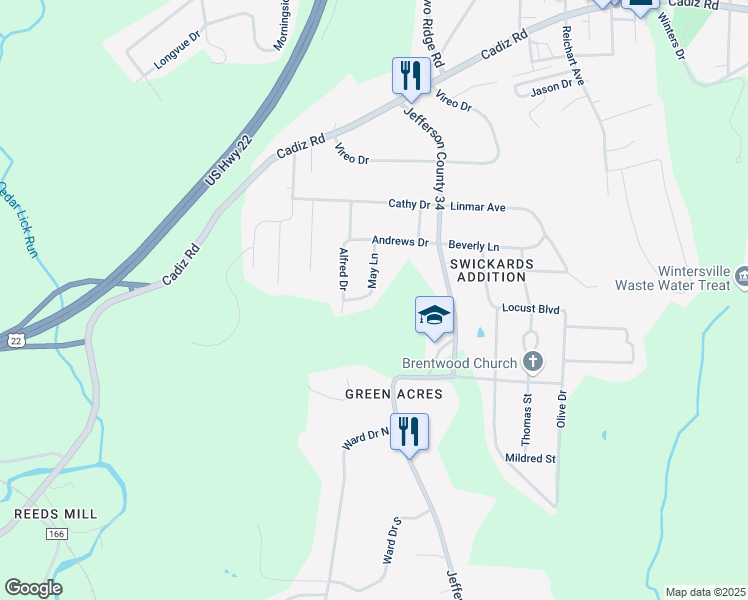 map of restaurants, bars, coffee shops, grocery stores, and more near 234 May Lane in Wintersville
