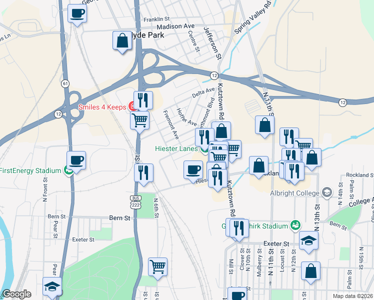 map of restaurants, bars, coffee shops, grocery stores, and more near 704 Alton Avenue in Reading