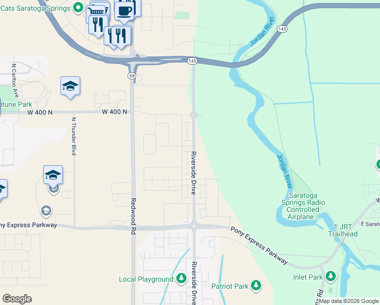 map of restaurants, bars, coffee shops, grocery stores, and more near 7916-8536 North Redwood Road in Saratoga Springs