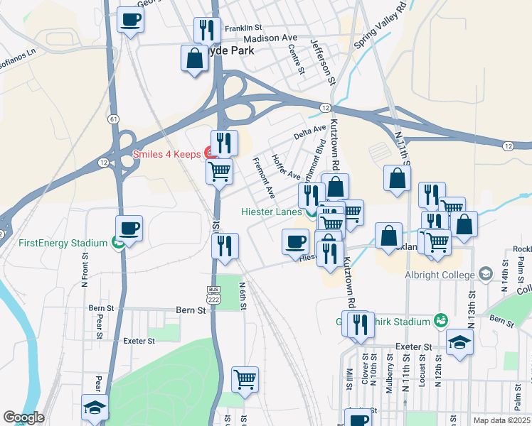 map of restaurants, bars, coffee shops, grocery stores, and more near 601 Alton Avenue in Reading