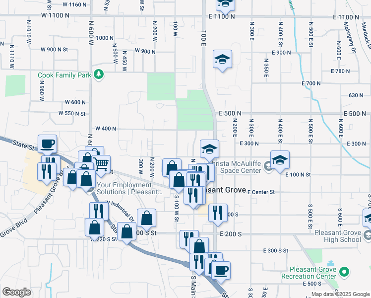 map of restaurants, bars, coffee shops, grocery stores, and more near 221 North 20 West in Pleasant Grove