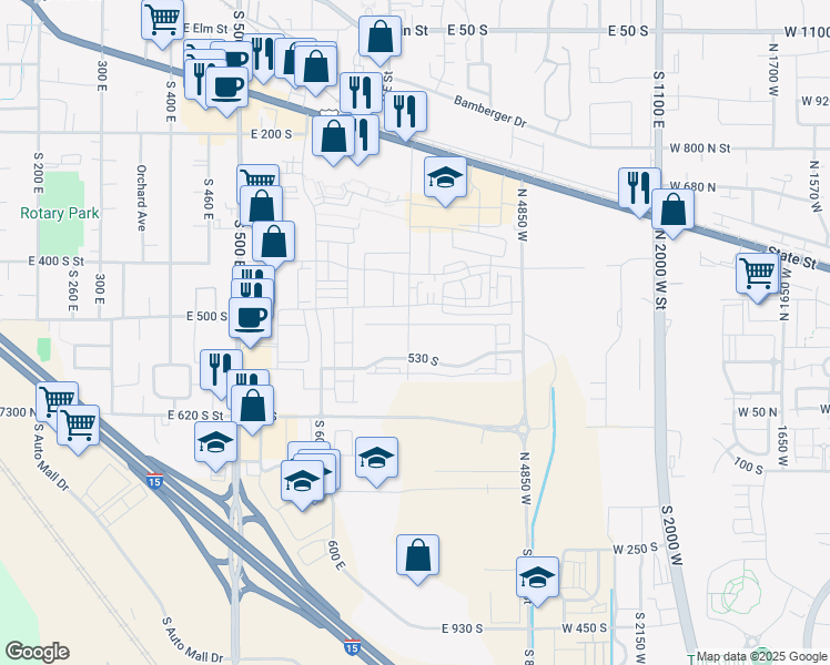 map of restaurants, bars, coffee shops, grocery stores, and more near 748 East 500 South in American Fork