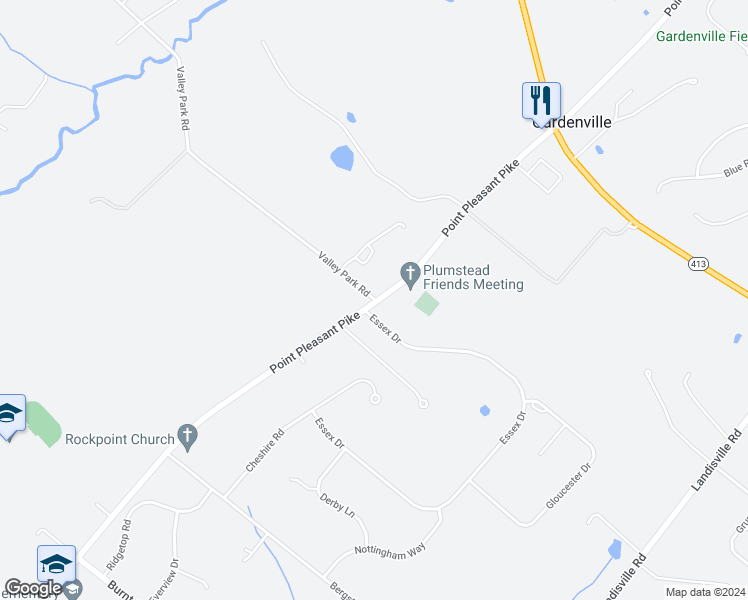 map of restaurants, bars, coffee shops, grocery stores, and more near 4948 Valley Park Road in Doylestown