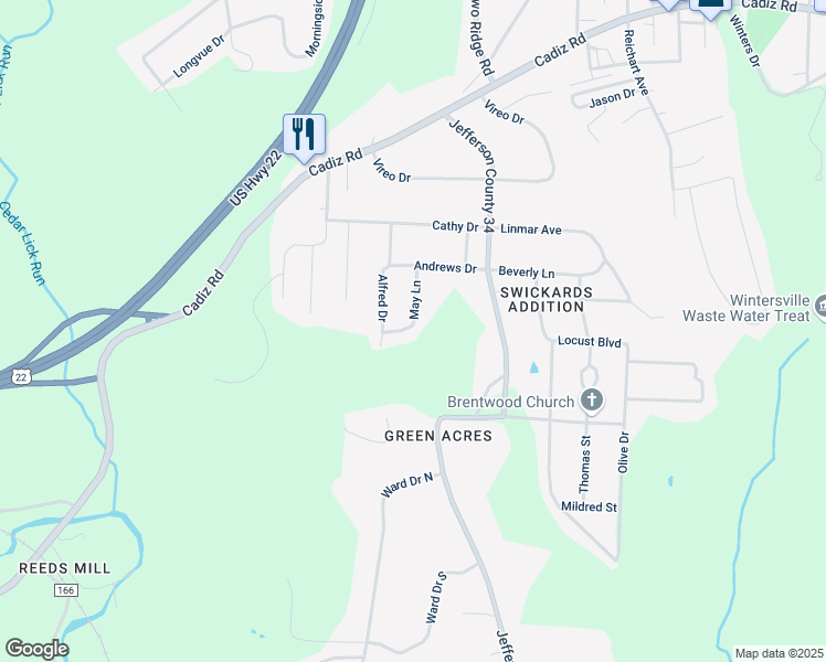 map of restaurants, bars, coffee shops, grocery stores, and more near 234 May Lane in Wintersville
