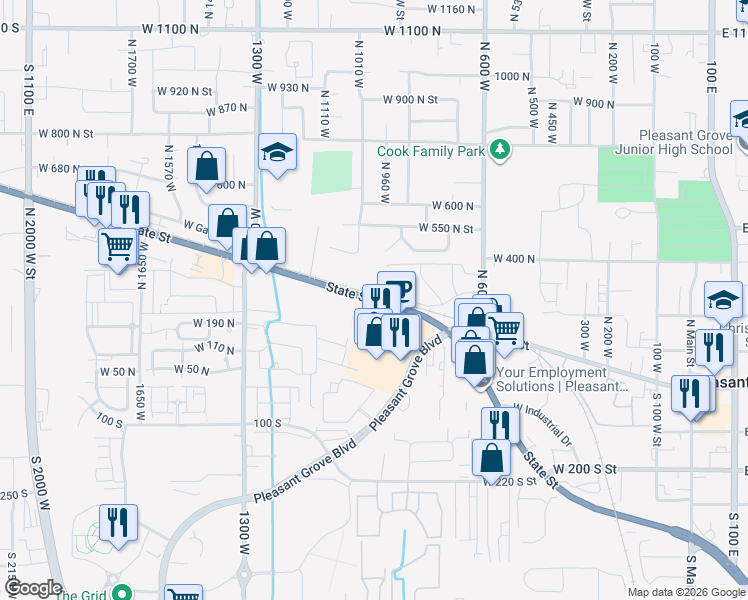 map of restaurants, bars, coffee shops, grocery stores, and more near 952 West State Street in Pleasant Grove