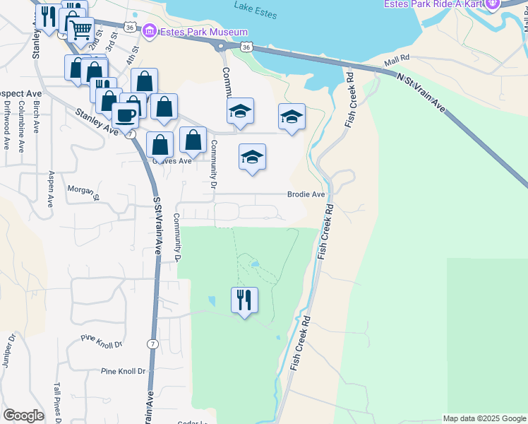 map of restaurants, bars, coffee shops, grocery stores, and more near 1600 Wapiti Circle in Estes Park