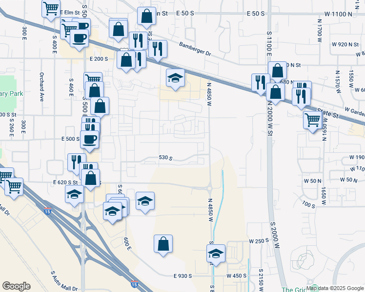 map of restaurants, bars, coffee shops, grocery stores, and more near 734 East 500 South in American Fork