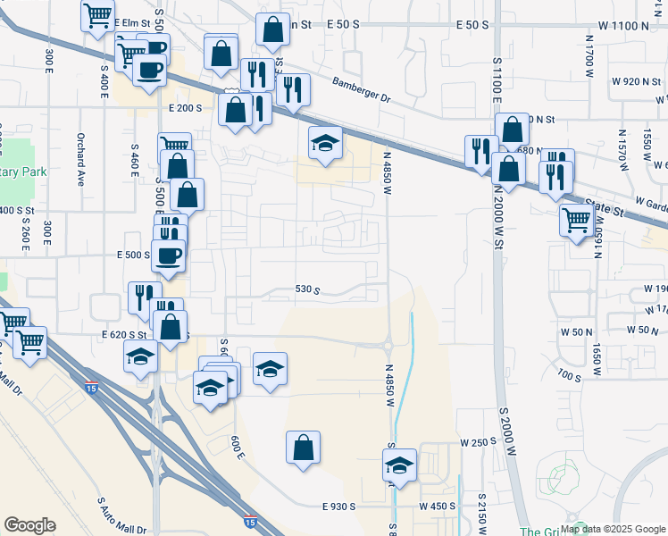 map of restaurants, bars, coffee shops, grocery stores, and more near 734 East 500 South in American Fork