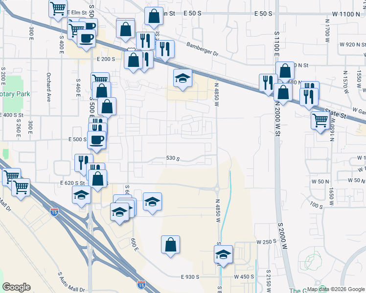map of restaurants, bars, coffee shops, grocery stores, and more near 734 East 500 South in American Fork