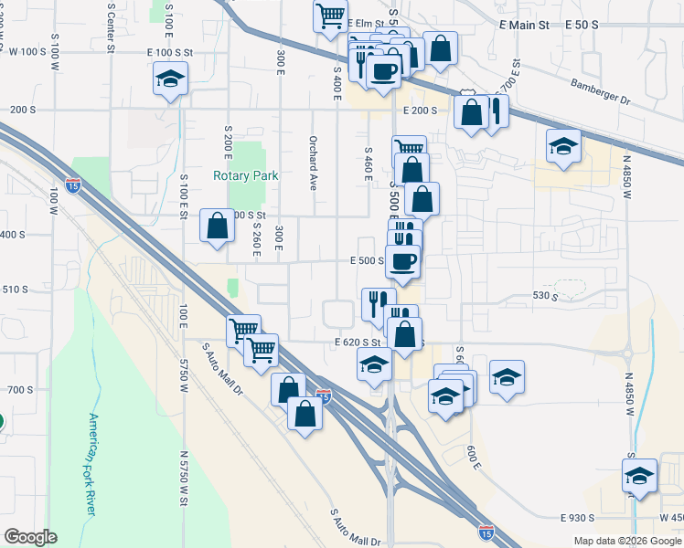 map of restaurants, bars, coffee shops, grocery stores, and more near 533 South 400 East in American Fork