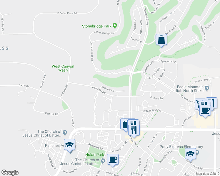 map of restaurants, bars, coffee shops, grocery stores, and more near 3362 Kennekuk Lane in Eagle Mountain