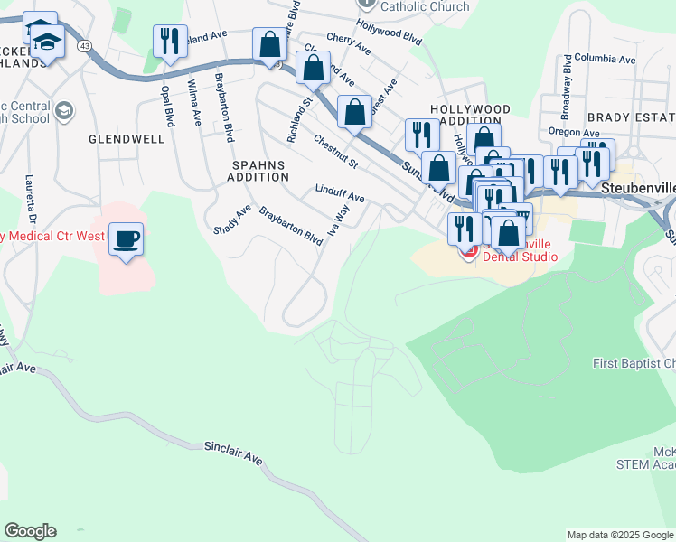 map of restaurants, bars, coffee shops, grocery stores, and more near 599 Braybarton Boulevard in Steubenville