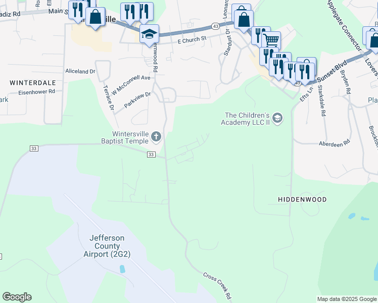 map of restaurants, bars, coffee shops, grocery stores, and more near 101 Meridian Way in Wintersville