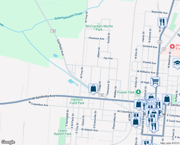 map of restaurants, bars, coffee shops, grocery stores, and more near 400 North West Street in Bellefontaine