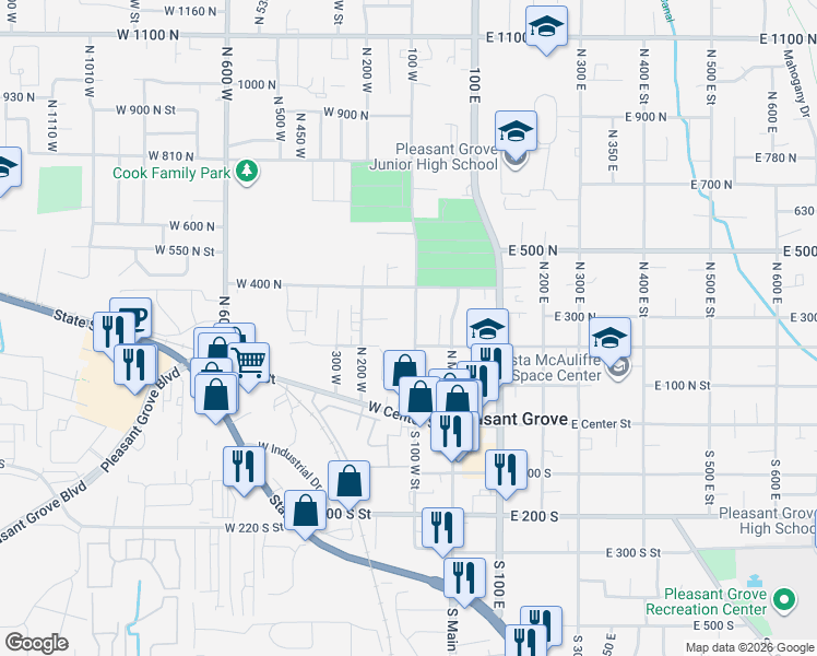 map of restaurants, bars, coffee shops, grocery stores, and more near 205 North 100 West in Pleasant Grove