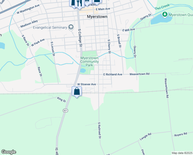 map of restaurants, bars, coffee shops, grocery stores, and more near 711 South Railroad Street in Myerstown