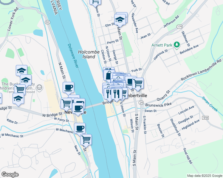 map of restaurants, bars, coffee shops, grocery stores, and more near 7 Coryell Street in Lambertville