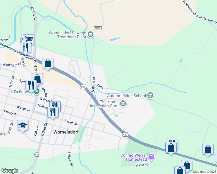 map of restaurants, bars, coffee shops, grocery stores, and more near 221 Bunkerhill Road in Womelsdorf