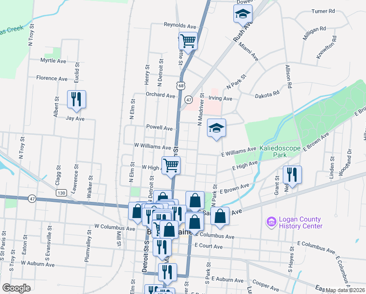 map of restaurants, bars, coffee shops, grocery stores, and more near 104 Williams Avenue in Bellefontaine