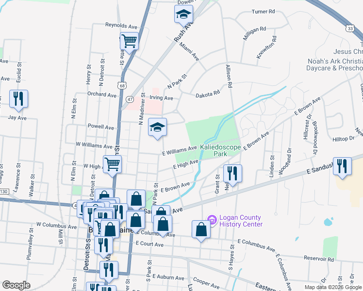 map of restaurants, bars, coffee shops, grocery stores, and more near 317 East Williams Avenue in Bellefontaine