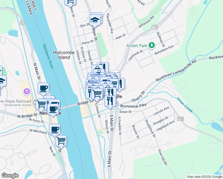 map of restaurants, bars, coffee shops, grocery stores, and more near in Lambertville