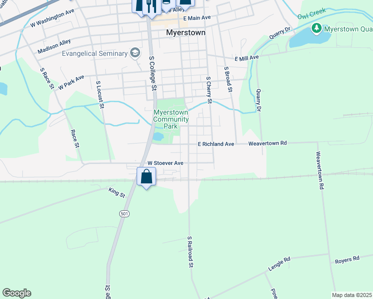map of restaurants, bars, coffee shops, grocery stores, and more near 711 South Railroad Street in Myerstown
