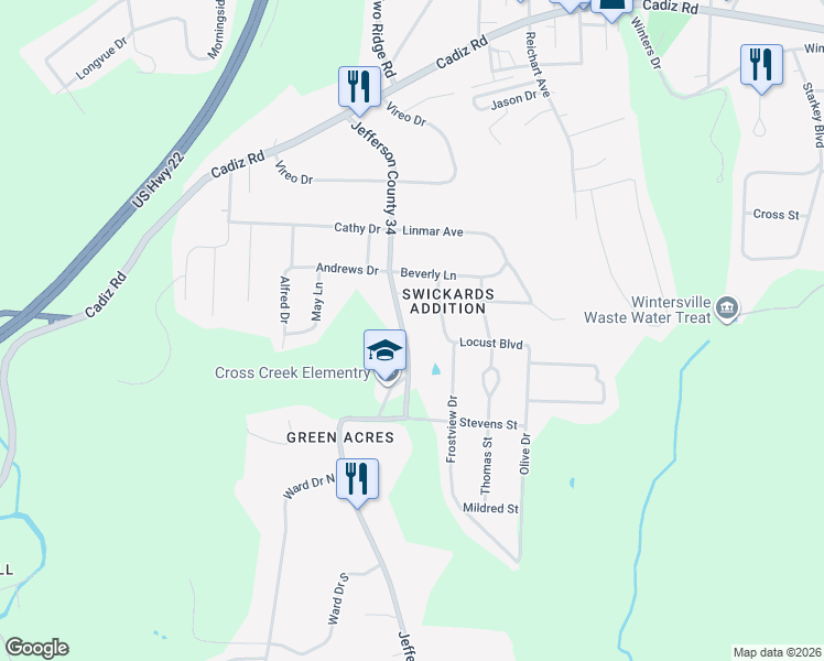 map of restaurants, bars, coffee shops, grocery stores, and more near 500 Bantam Ridge Road in Wintersville