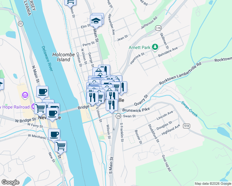 map of restaurants, bars, coffee shops, grocery stores, and more near 6 North Franklin Street in Lambertville