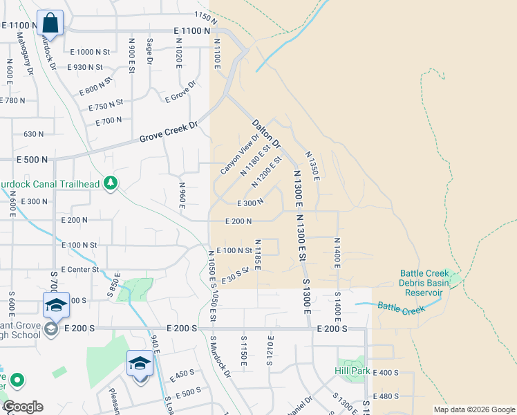 map of restaurants, bars, coffee shops, grocery stores, and more near 1184 East 300 North in Pleasant Grove