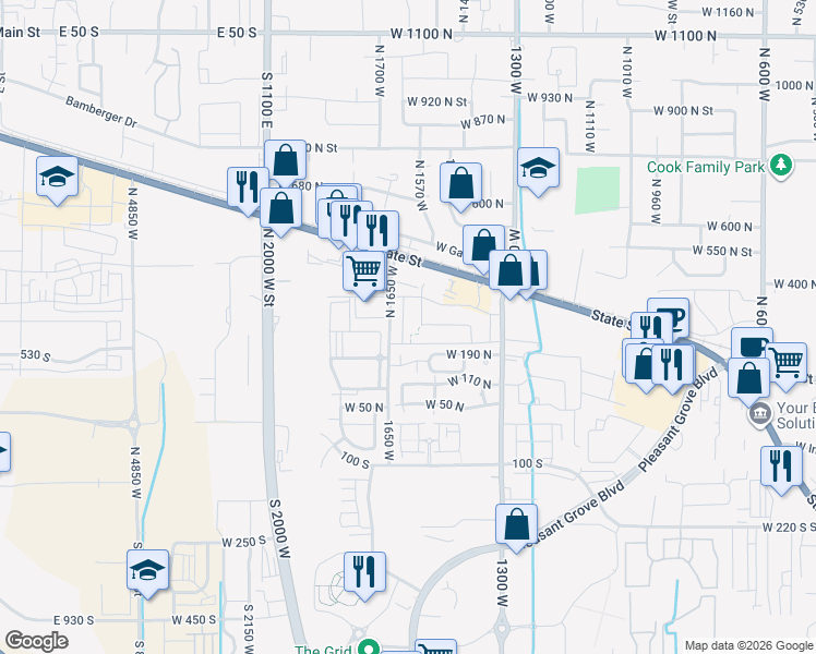 map of restaurants, bars, coffee shops, grocery stores, and more near 250 North 1630 West in Pleasant Grove