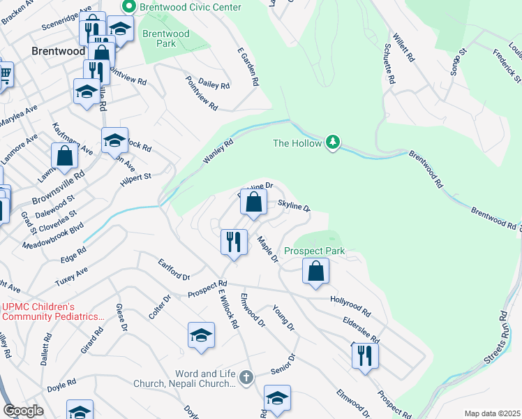 map of restaurants, bars, coffee shops, grocery stores, and more near 1656 Skyline Drive in Pittsburgh
