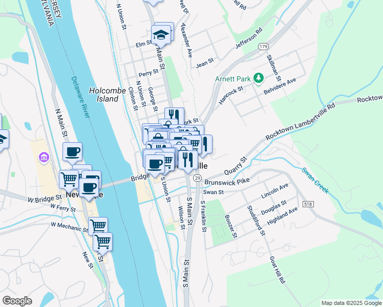 map of restaurants, bars, coffee shops, grocery stores, and more near 17 North Franklin Street in Lambertville