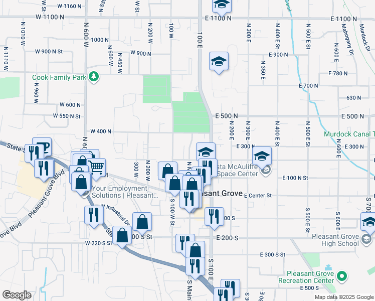 map of restaurants, bars, coffee shops, grocery stores, and more near 10 West 200 North Street in Pleasant Grove